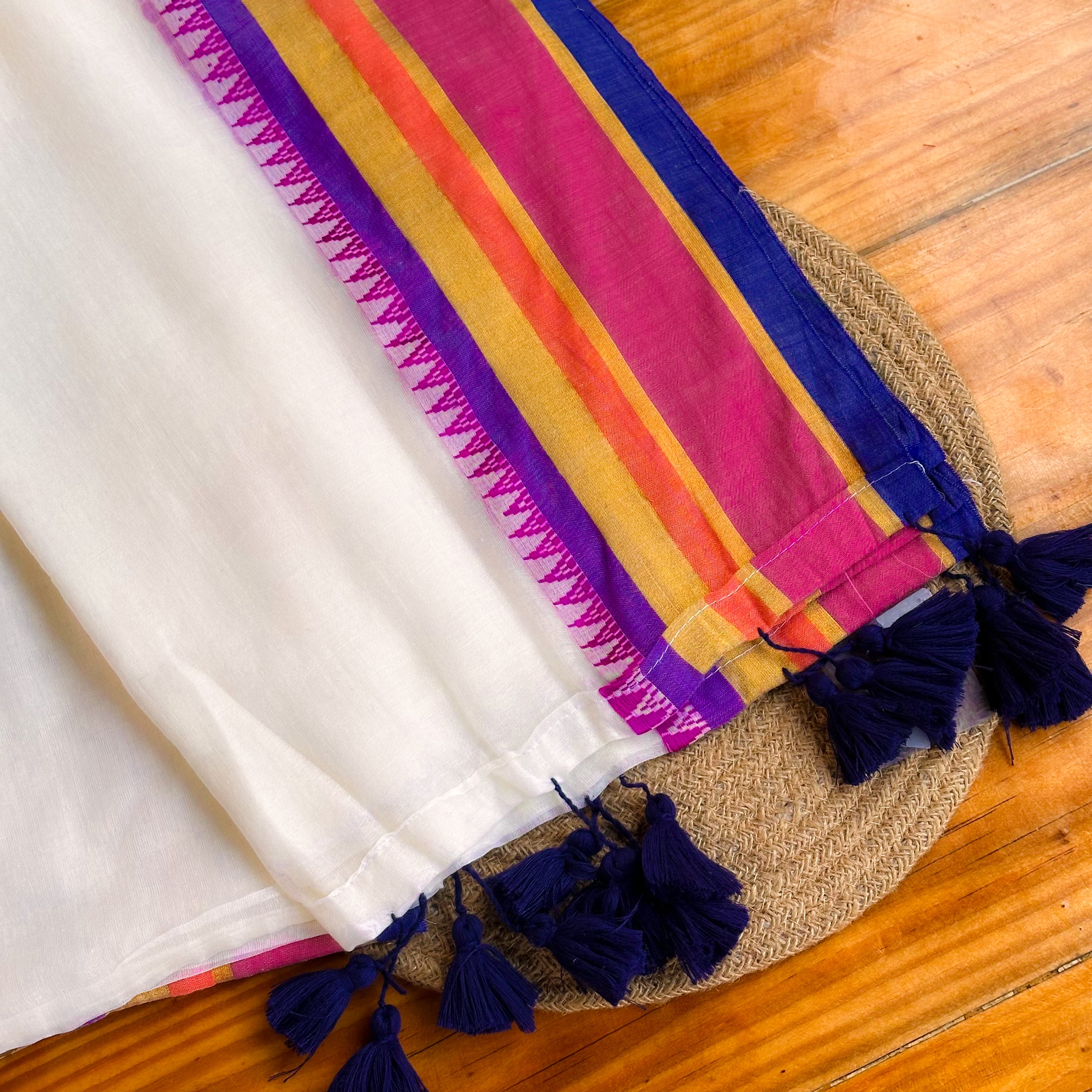 💙White MulCotton Saree with Purple, Orange, Pink & Navy Stripe Pallu & Navy Tassel Border💜