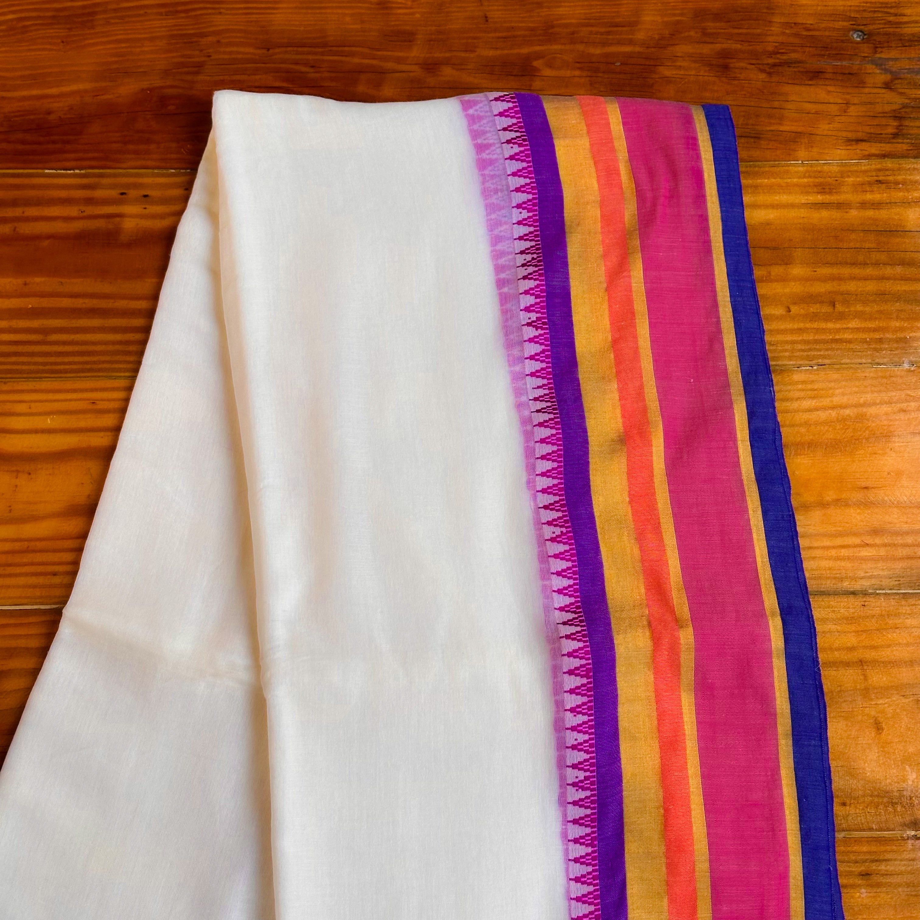 💙White MulCotton Saree with Purple, Orange, Pink & Navy Stripe Pallu & Navy Tassel Border💜
