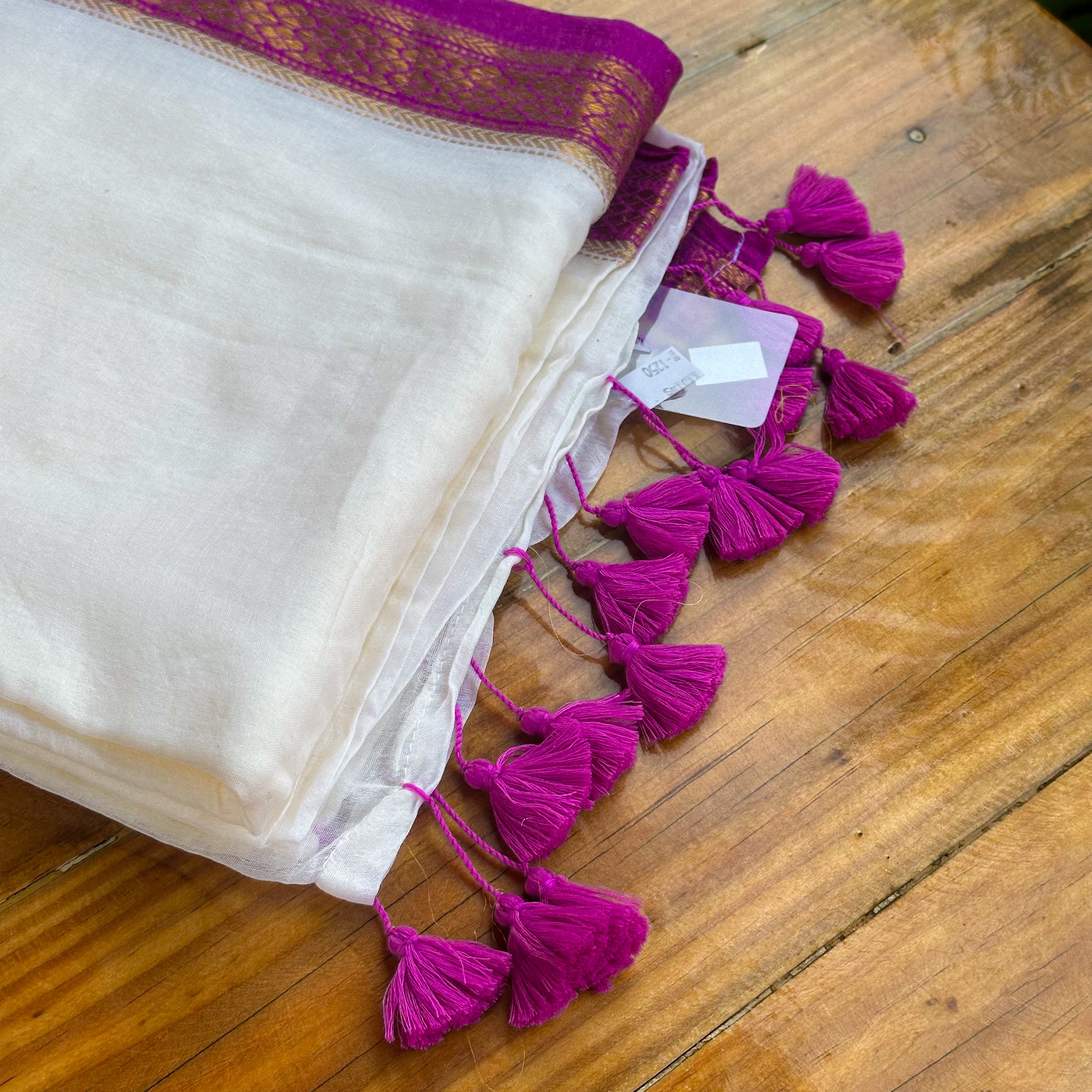 White Mulcotton Saree with Magenta & Gold Zari Brocade Border & Fuchsia Tassel Fringe