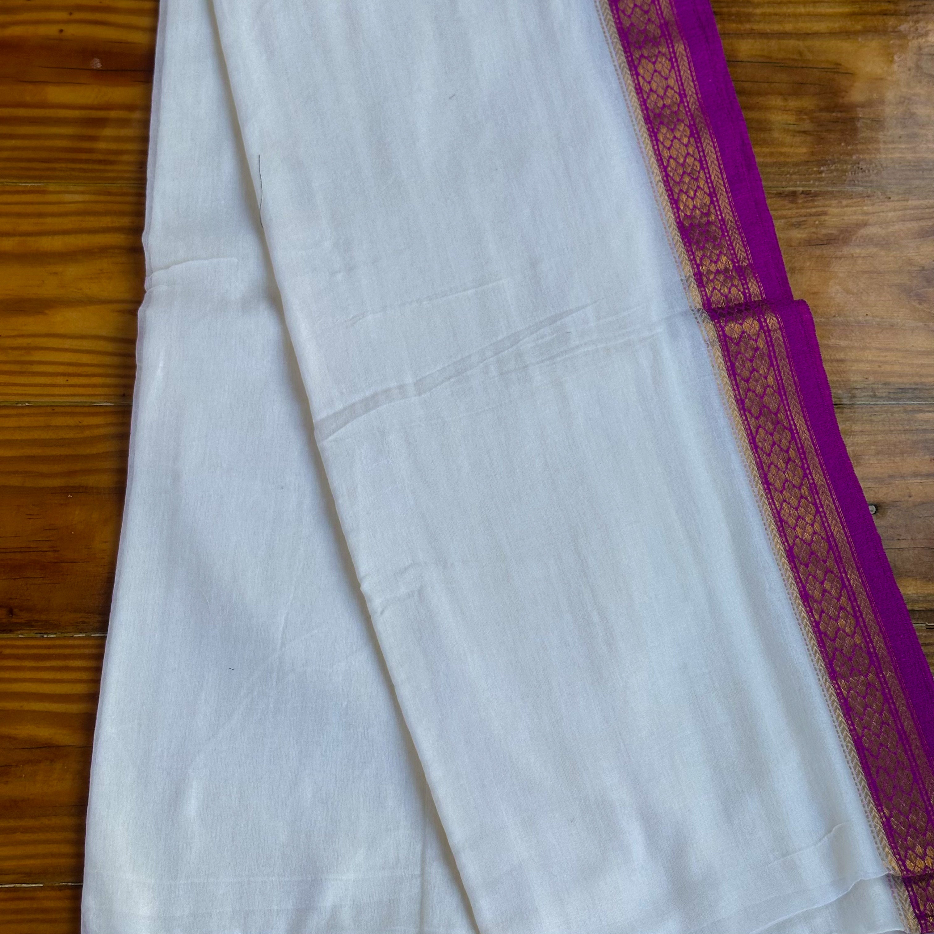 White Mulcotton Saree with Magenta & Gold Zari Brocade Border & Fuchsia Tassel Fringe