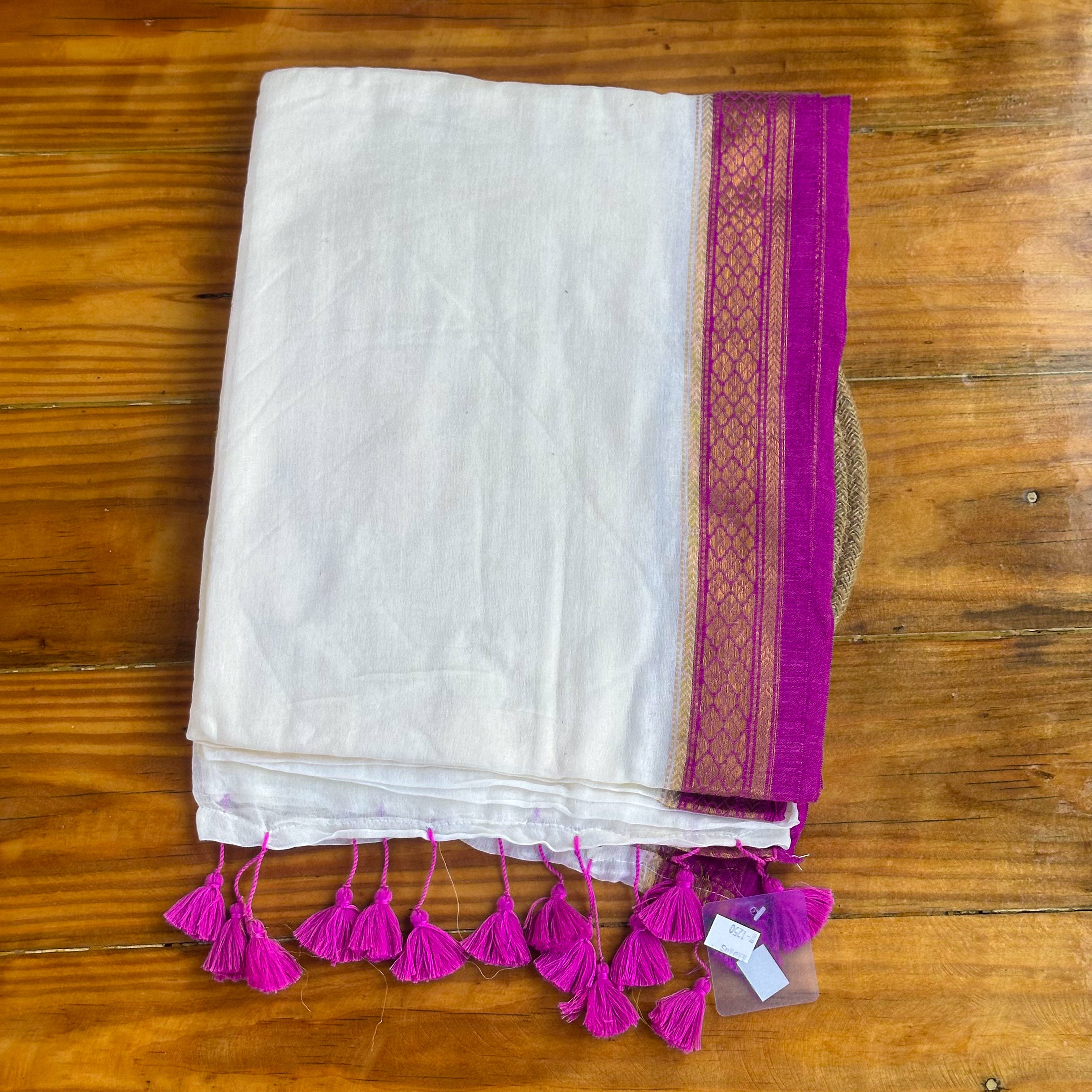 White Mulcotton Saree with Magenta & Gold Zari Brocade Border & Fuchsia Tassel Fringe