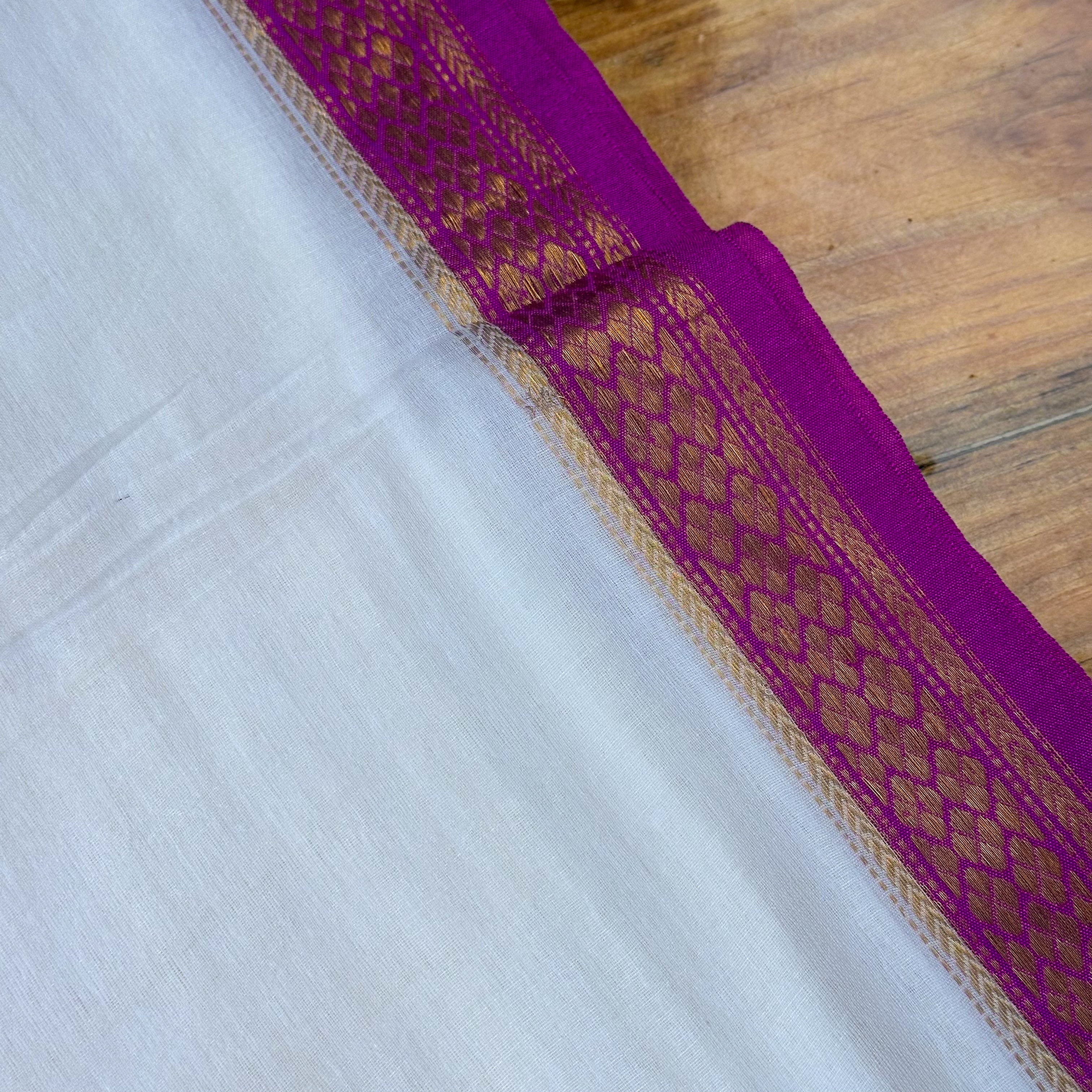 White Mulcotton Saree with Magenta & Gold Zari Brocade Border & Fuchsia Tassel Fringe