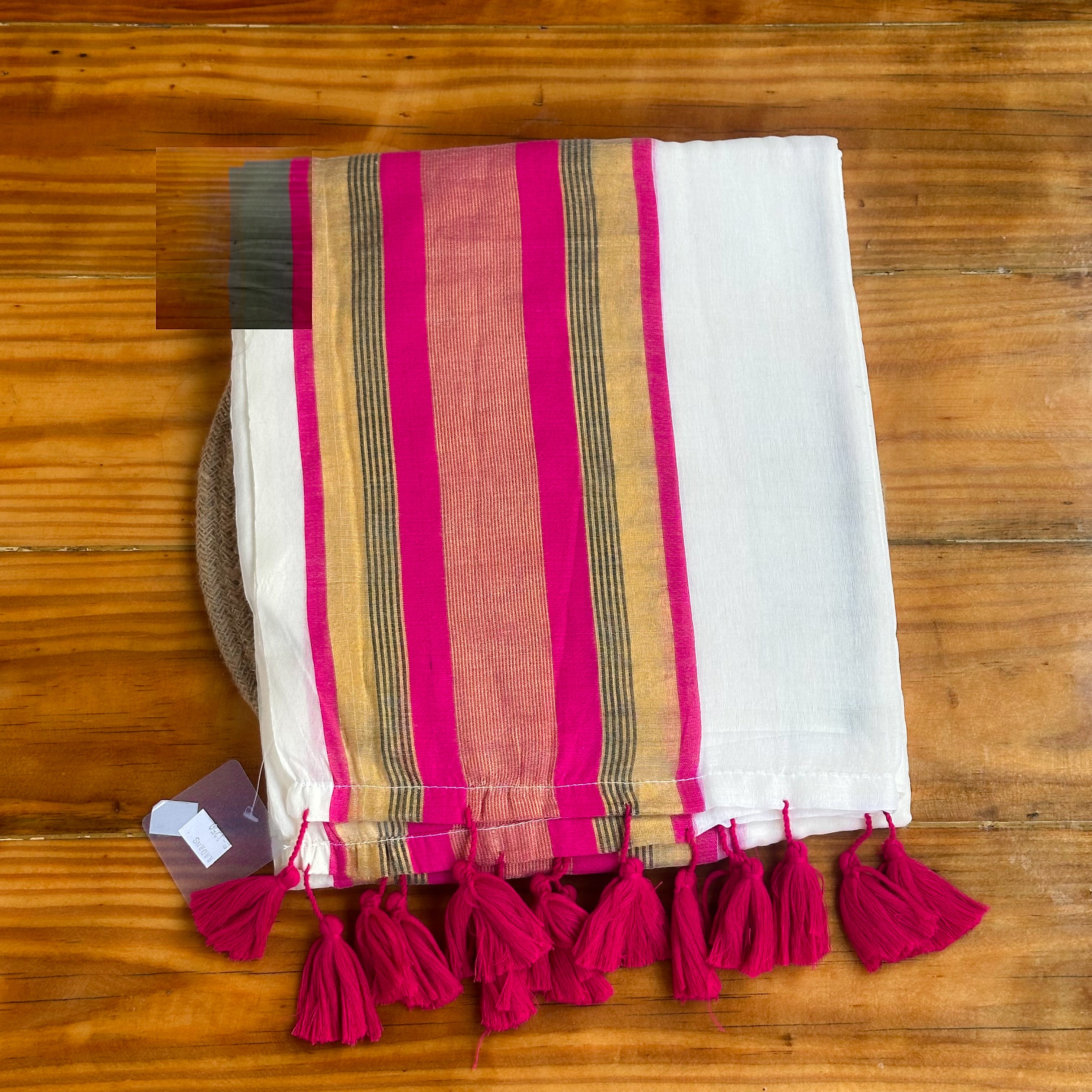 💗White Mul Cotton Saree with Bold Stripe Border & Rani Pink Tassels💗