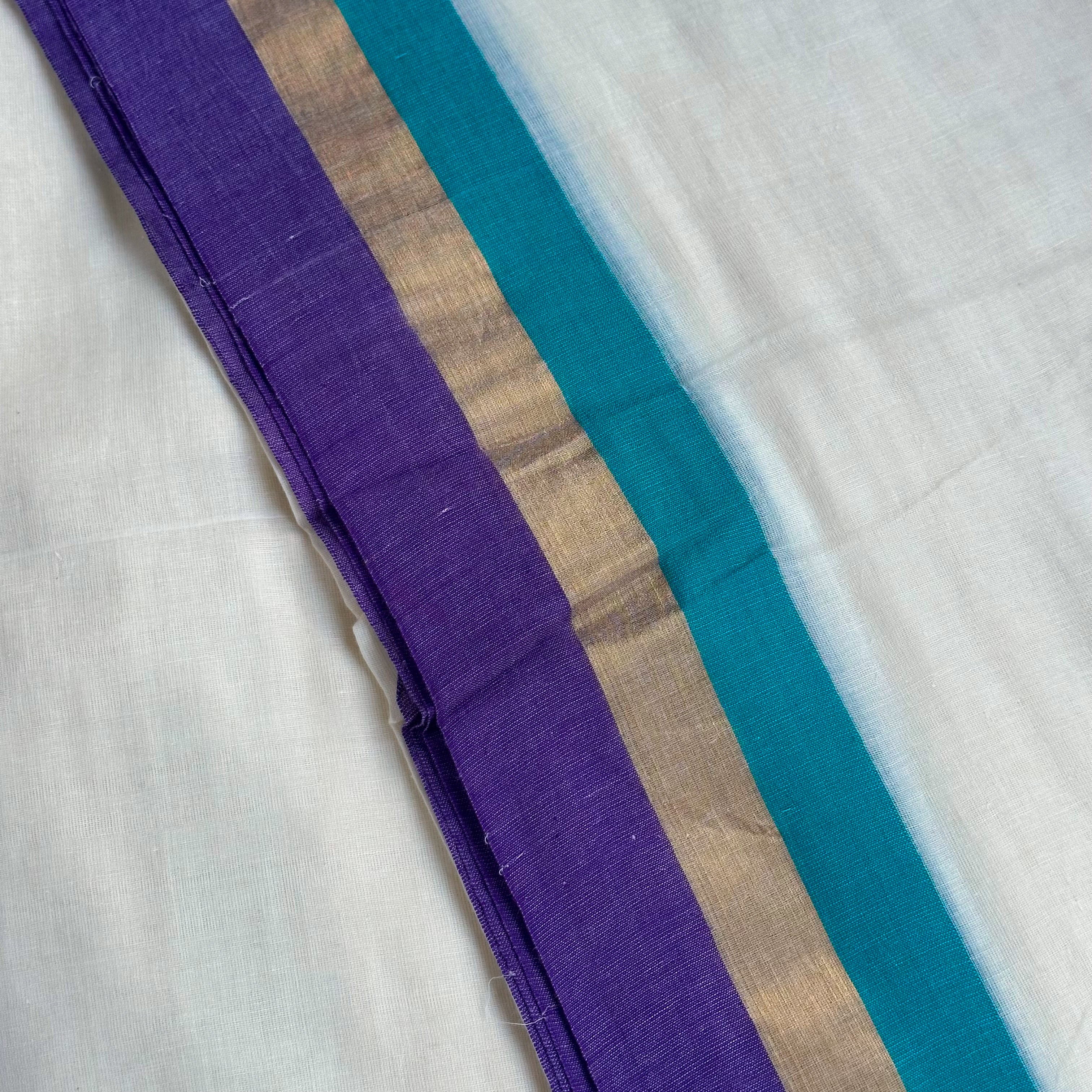 💙White Mul Cotton Saree with Teal & Purple Stripe Border and Dual-Tone Tassels💙