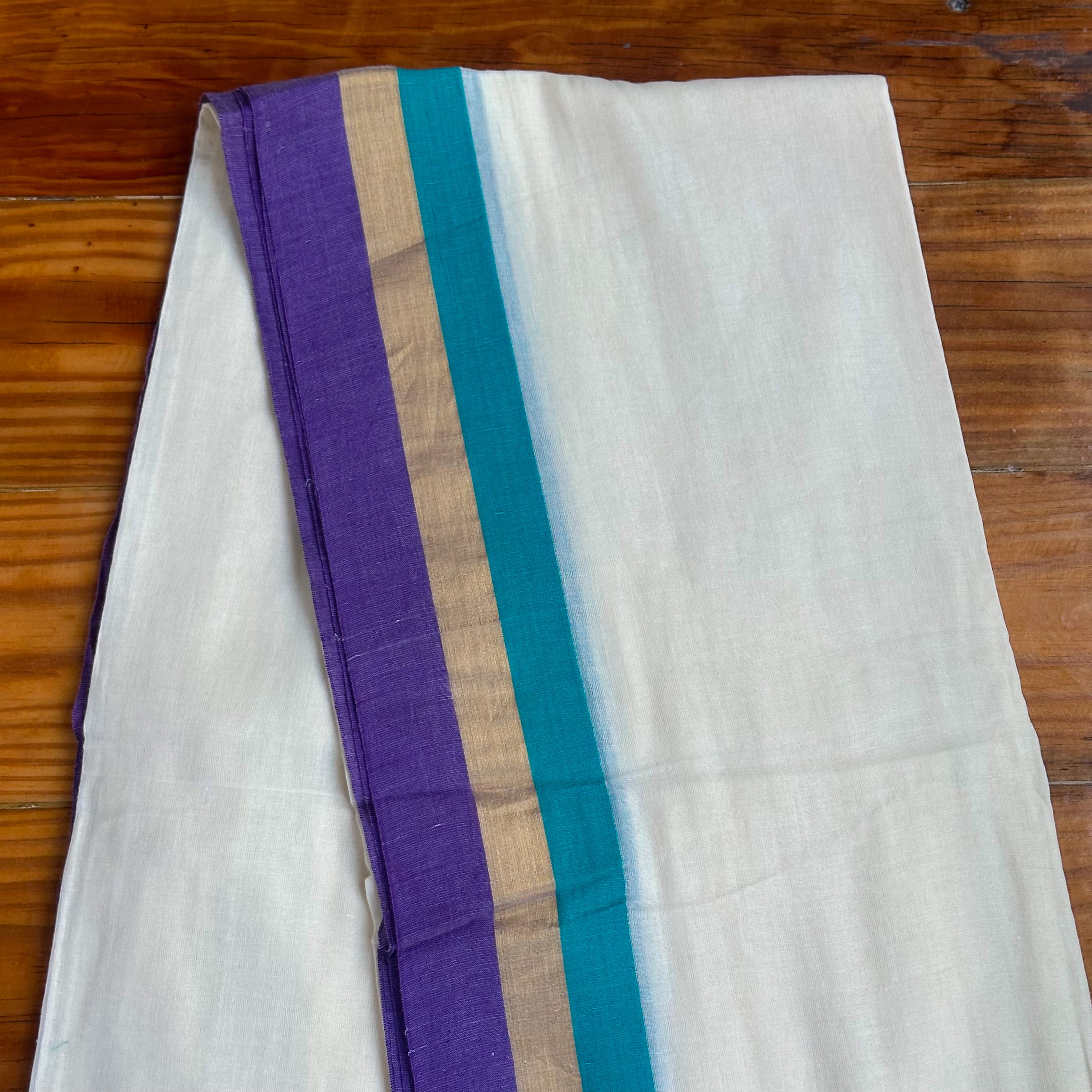 💙White Mul Cotton Saree with Teal & Purple Stripe Border and Dual-Tone Tassels💙