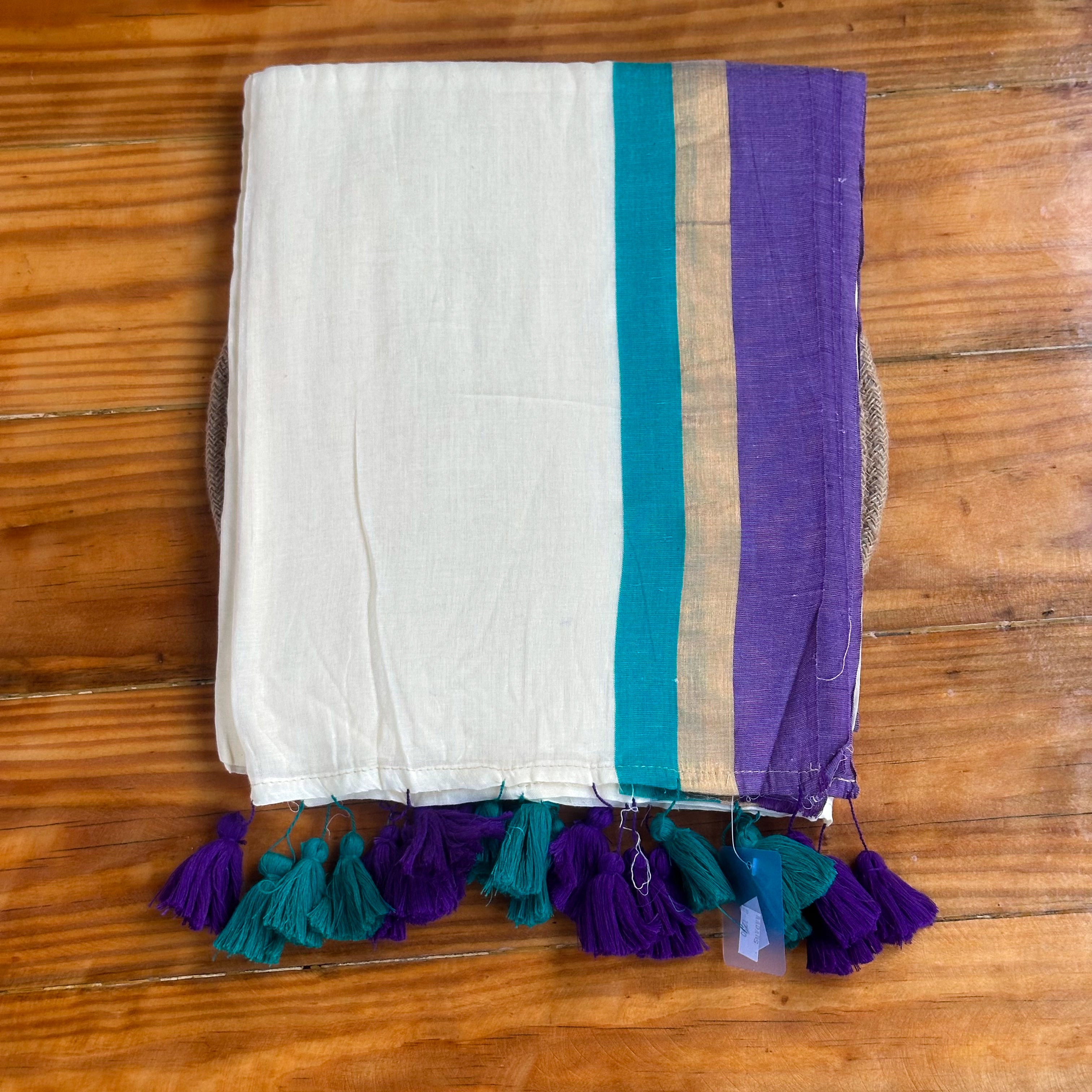 💙White Mul Cotton Saree with Teal & Purple Stripe Border and Dual-Tone Tassels💙