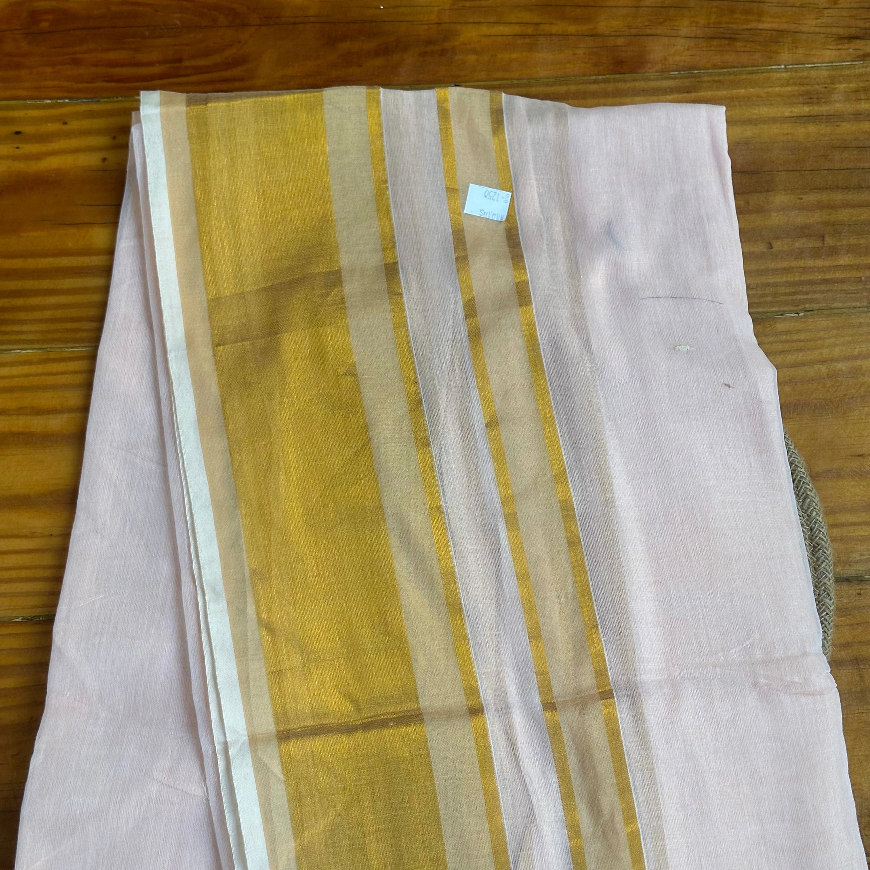 🤍Blush White Mul Cotton Saree with Gold Zari Stripe Border & Natural Tassels🤍