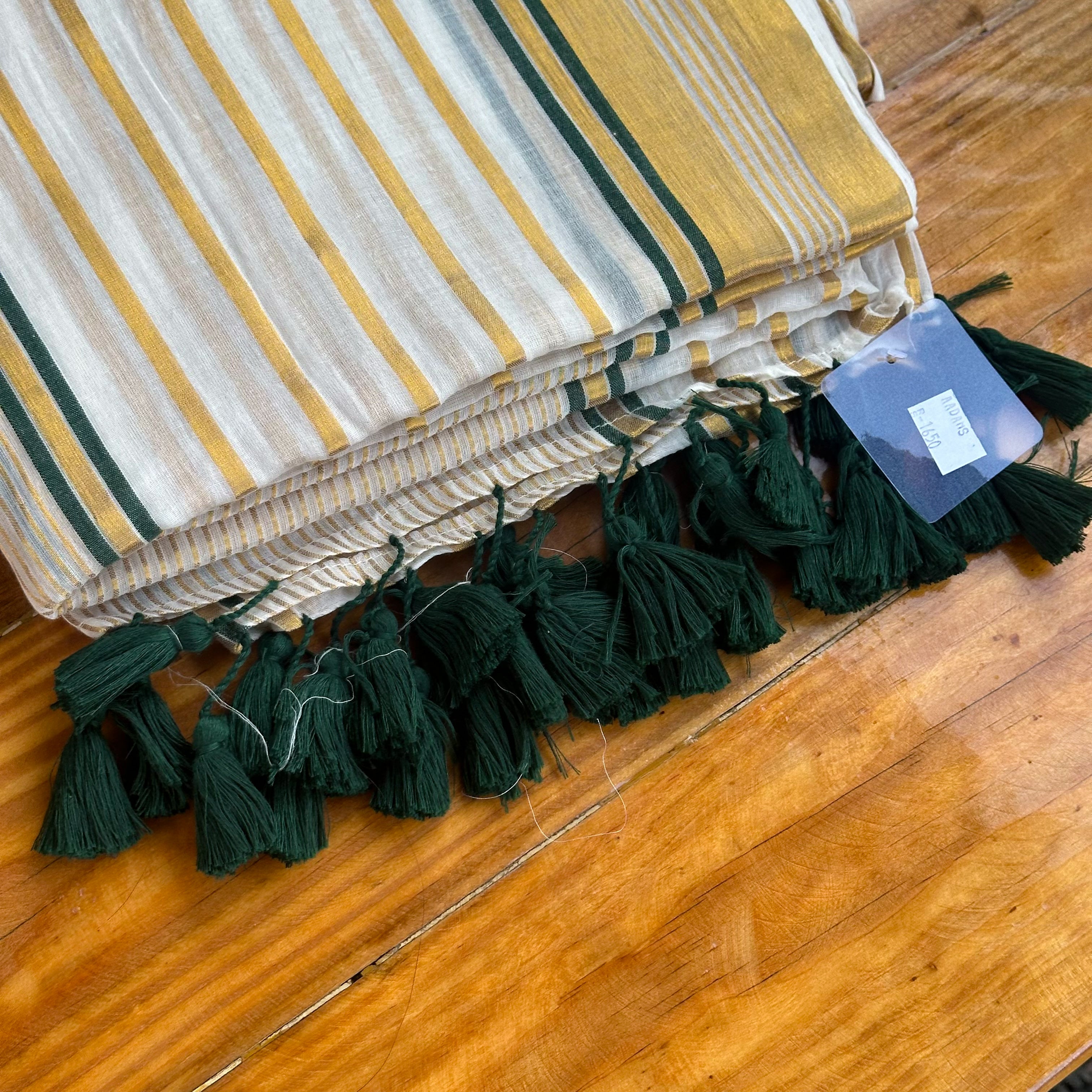 💛Ivory & Gold Stripe Handwoven Saree with Emerald Tassels💚