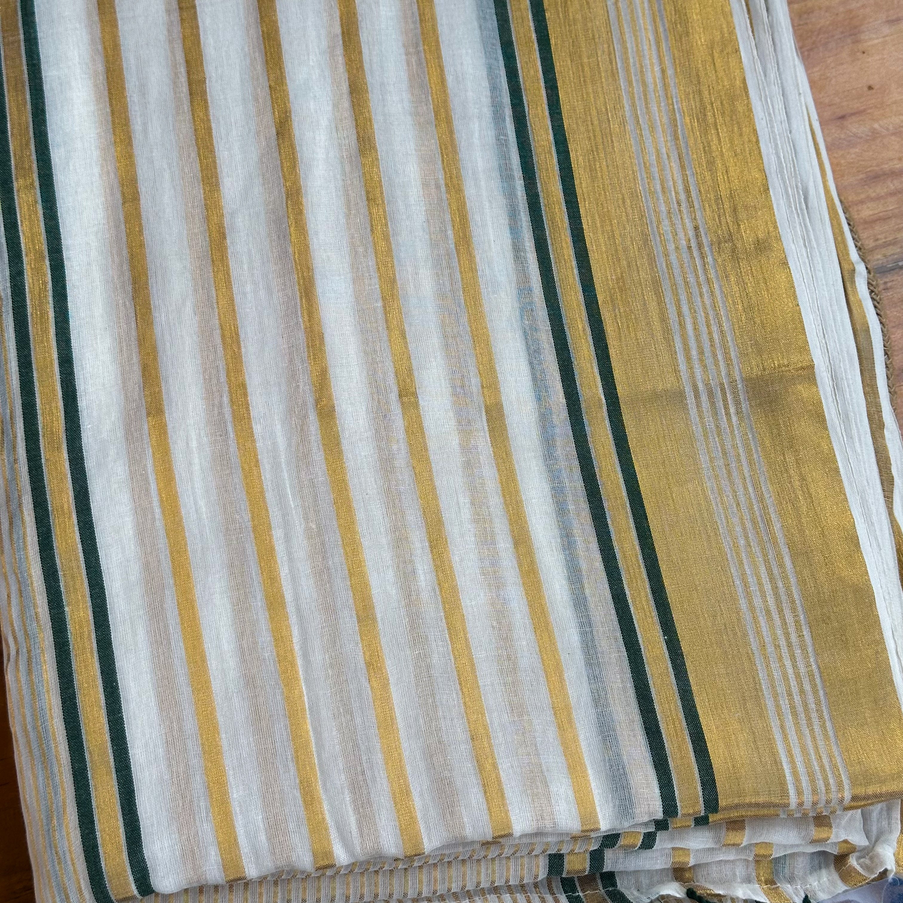 💛Ivory & Gold Stripe Handwoven Saree with Emerald Tassels💚