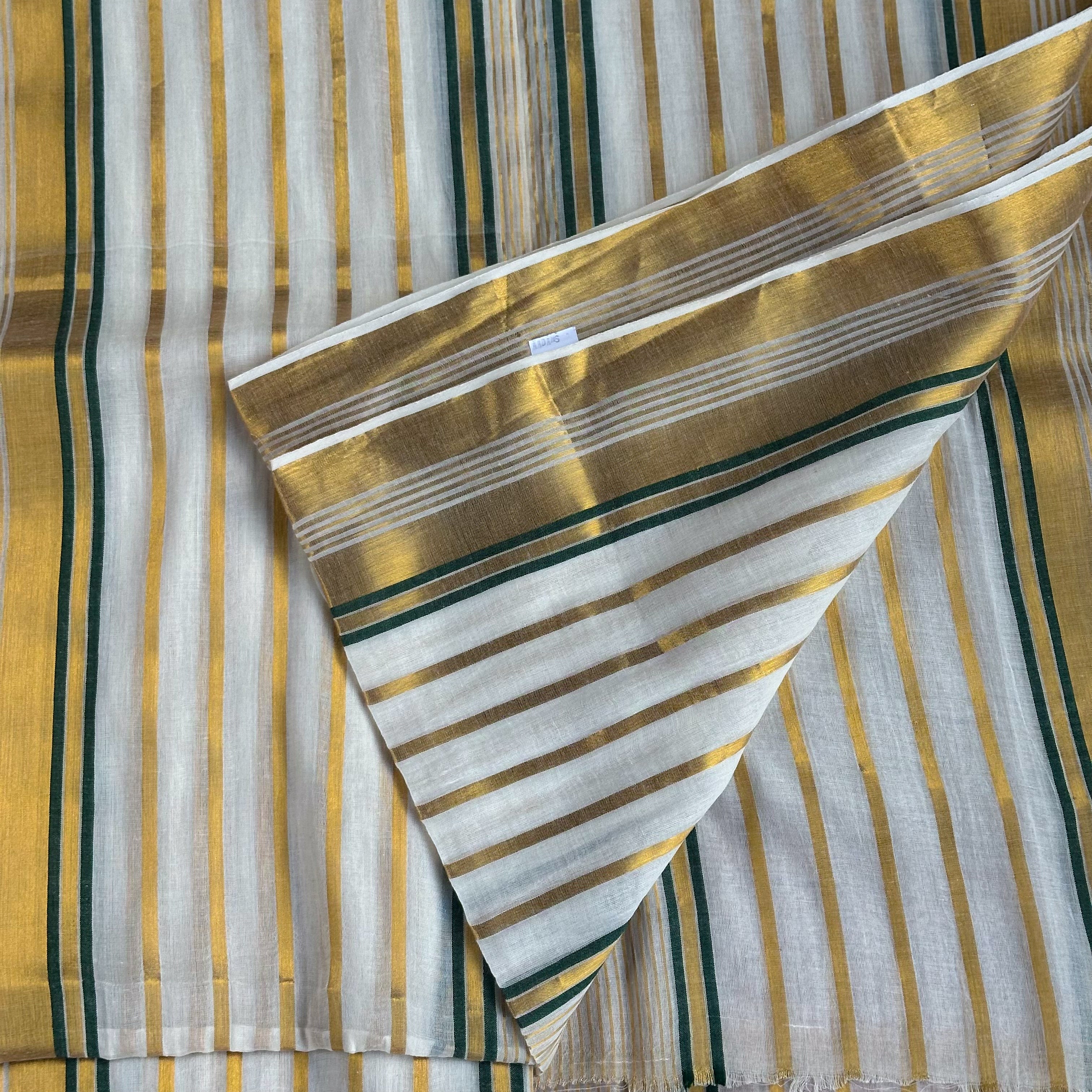 💛Ivory & Gold Stripe Handwoven Saree with Emerald Tassels💚