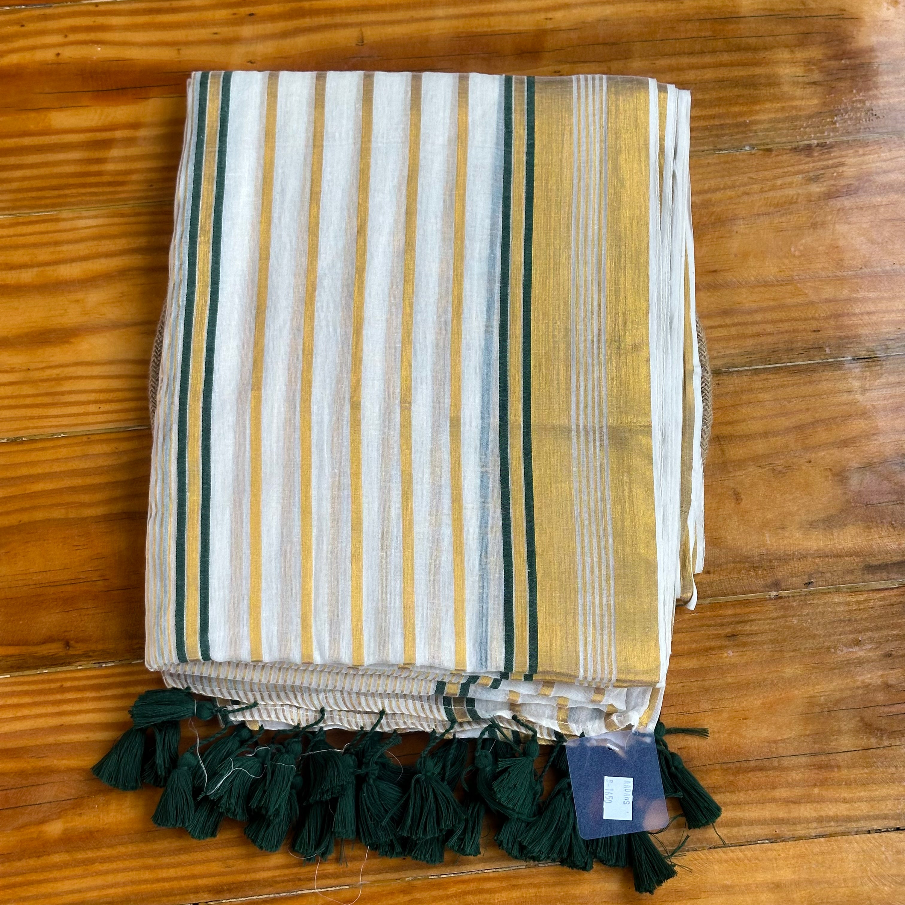 💛Ivory & Gold Stripe Handwoven Saree with Emerald Tassels💚
