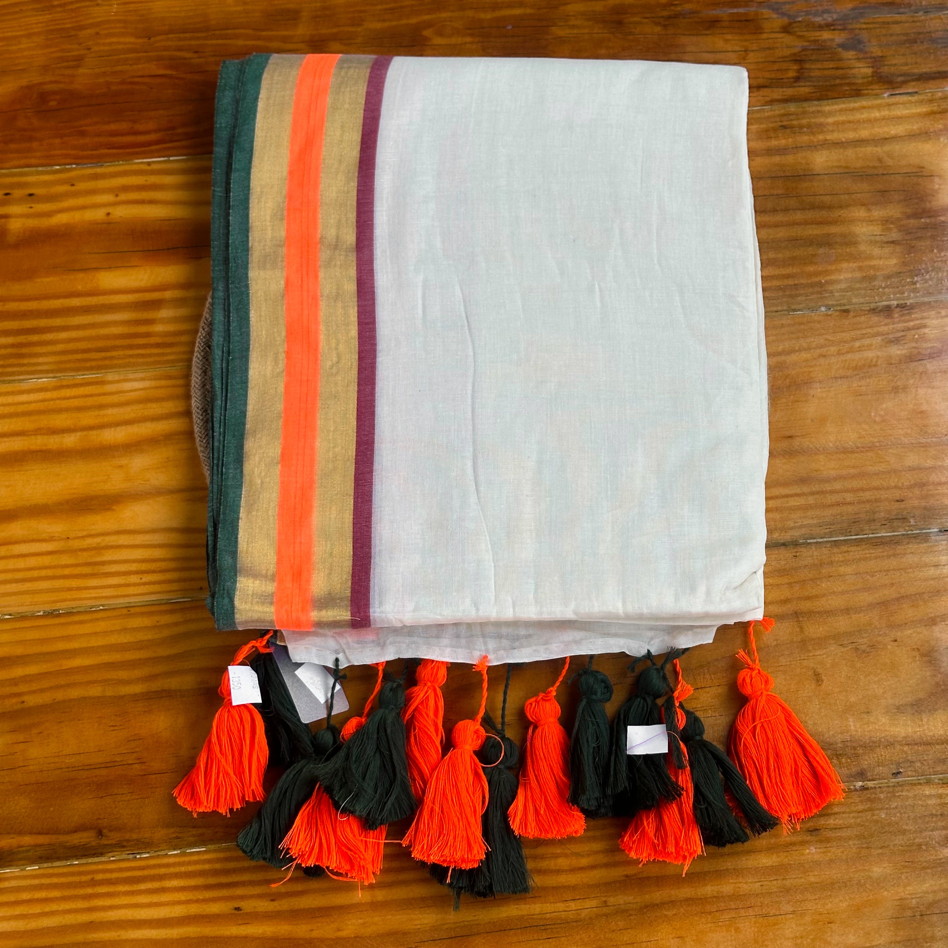 🤍Ivory & Multicolour Stripe Handwoven Saree with Dual-Tone Tassels🤍