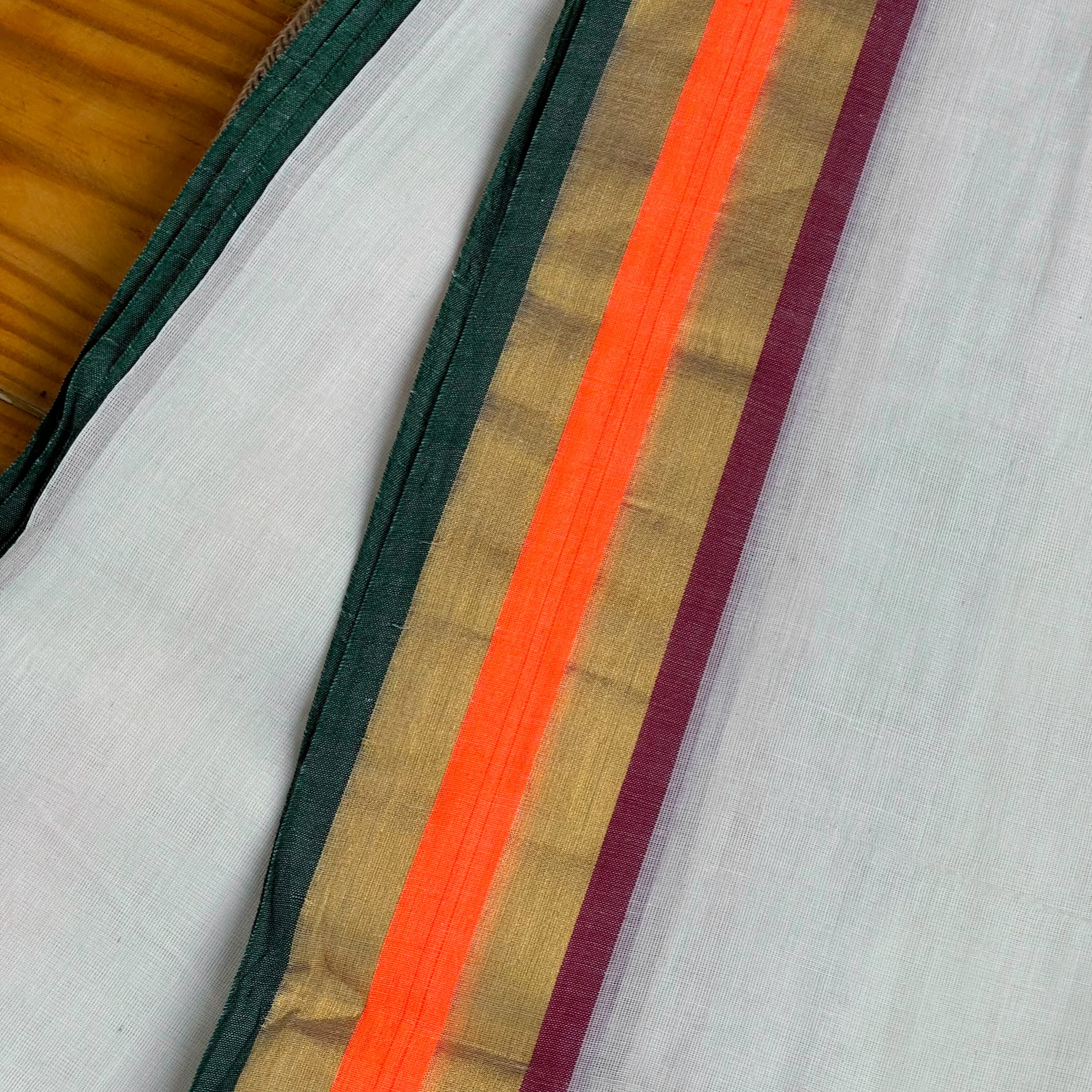 🤍Ivory & Multicolour Stripe Handwoven Saree with Dual-Tone Tassels🤍
