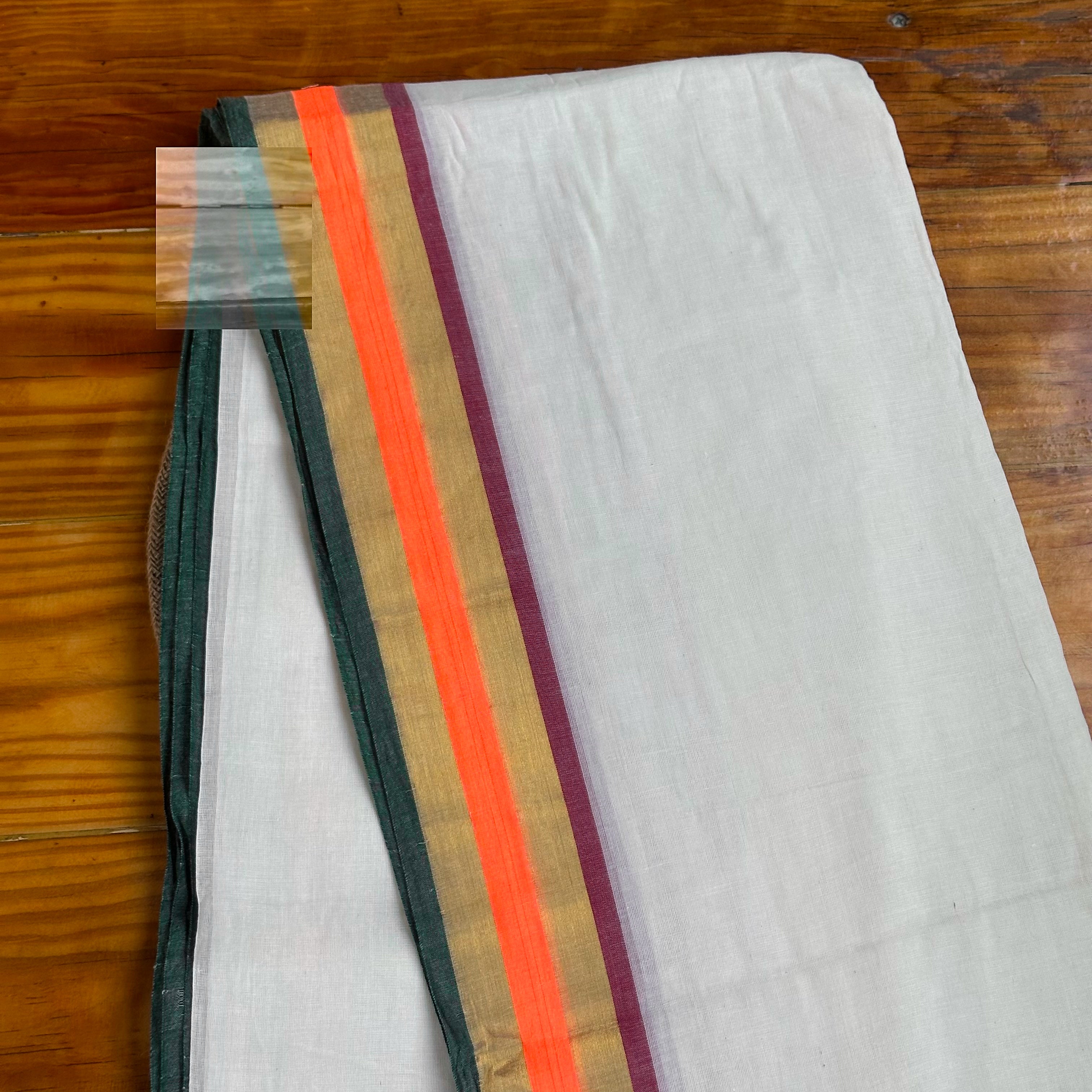 🤍Ivory & Multicolour Stripe Handwoven Saree with Dual-Tone Tassels🤍