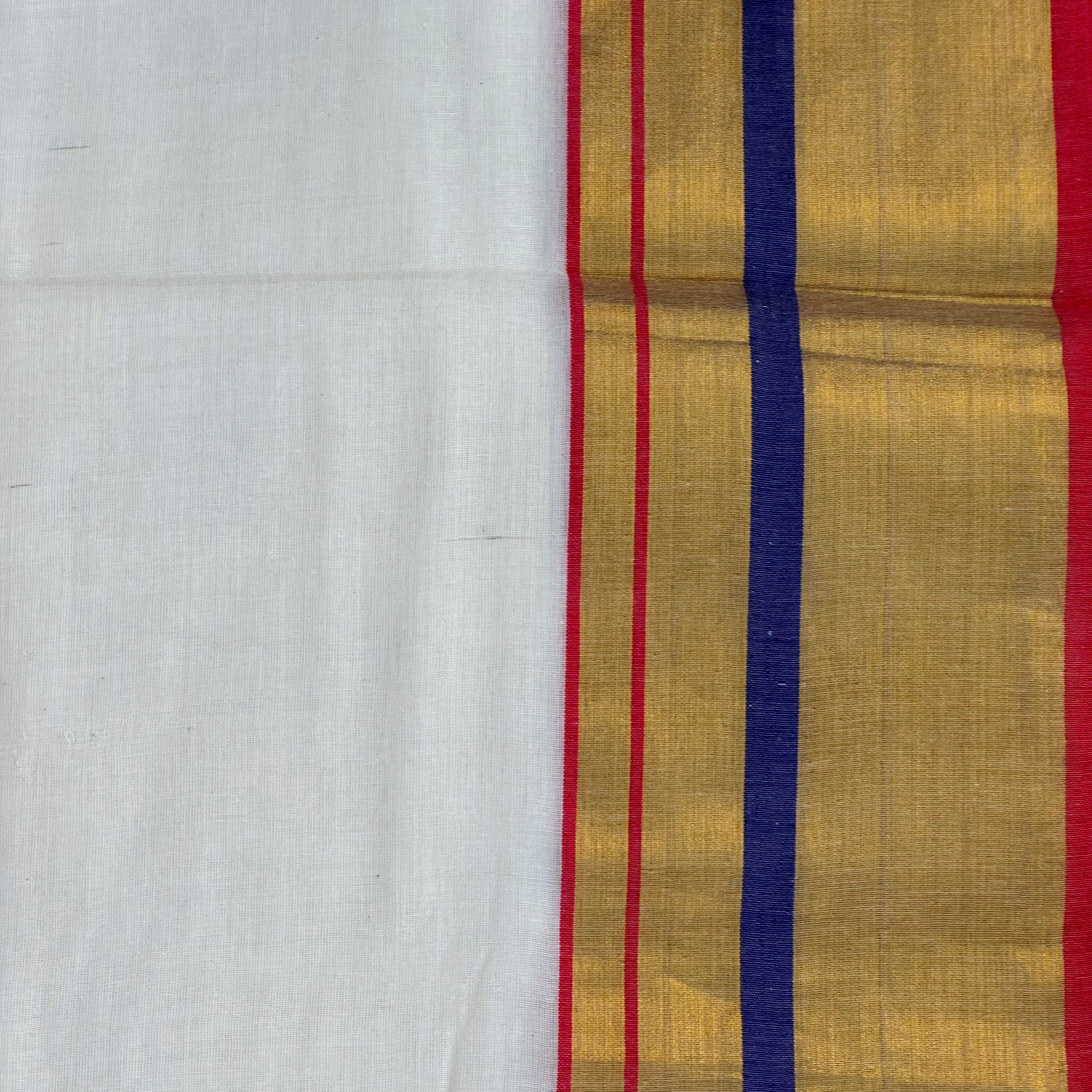 🤍Pristine White & Gold Saree with Royal Blue & Red Stripes and Dual-Tone Tassels🤍