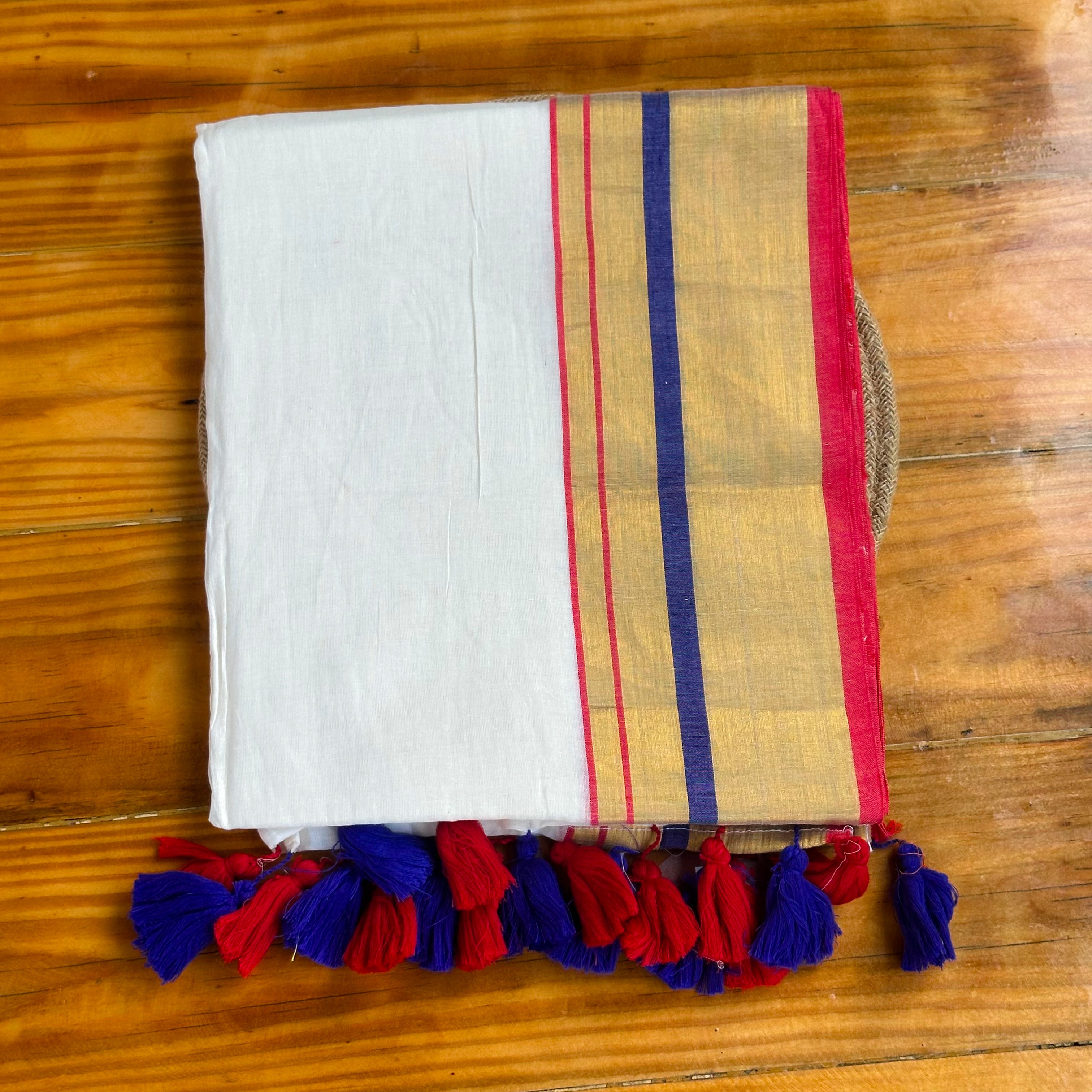 🤍Pristine White & Gold Saree with Royal Blue & Red Stripes and Dual-Tone Tassels🤍