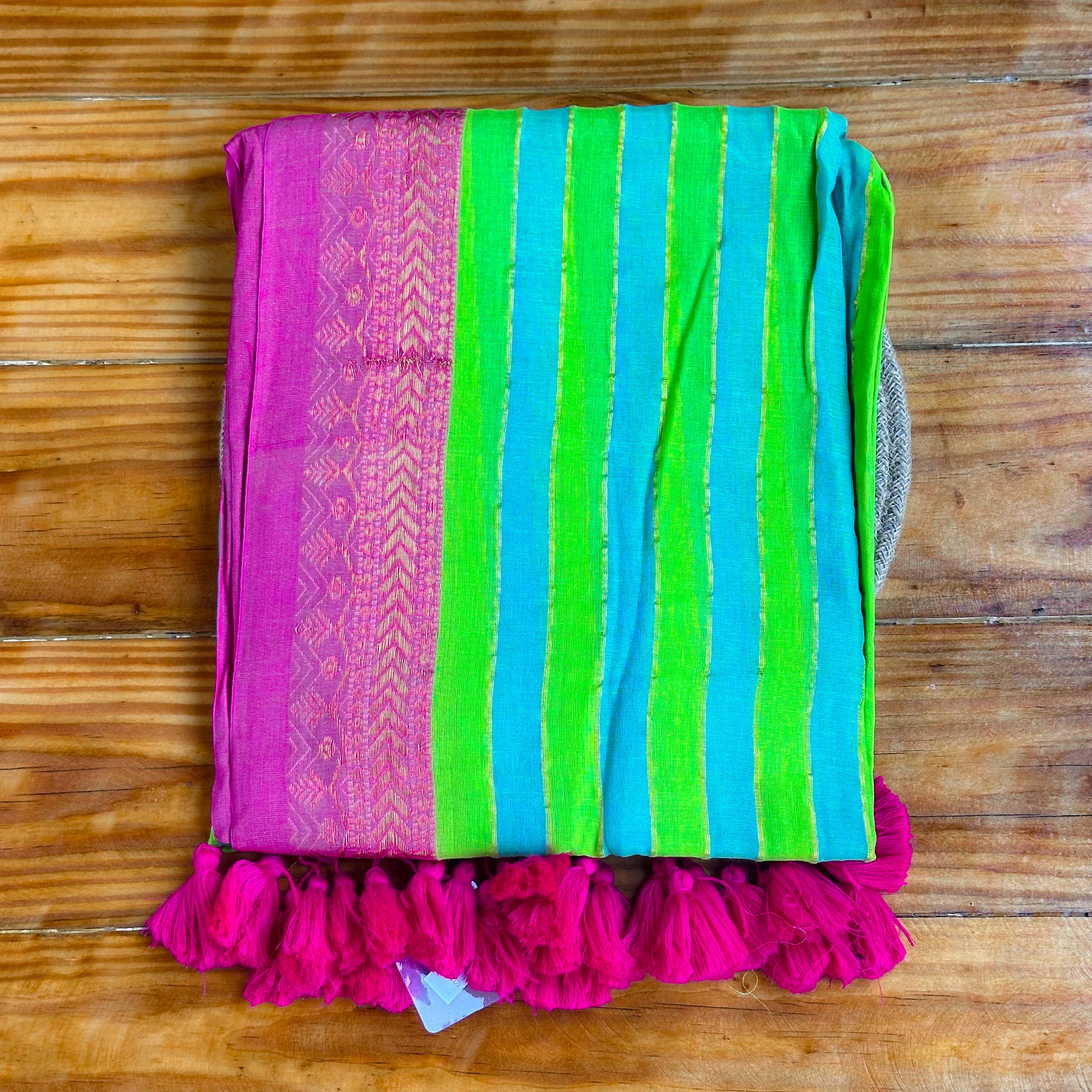 🩷Aqua & Neon Green Mul Cotton Saree with Magenta Zari Border & Tassel Pallu💚