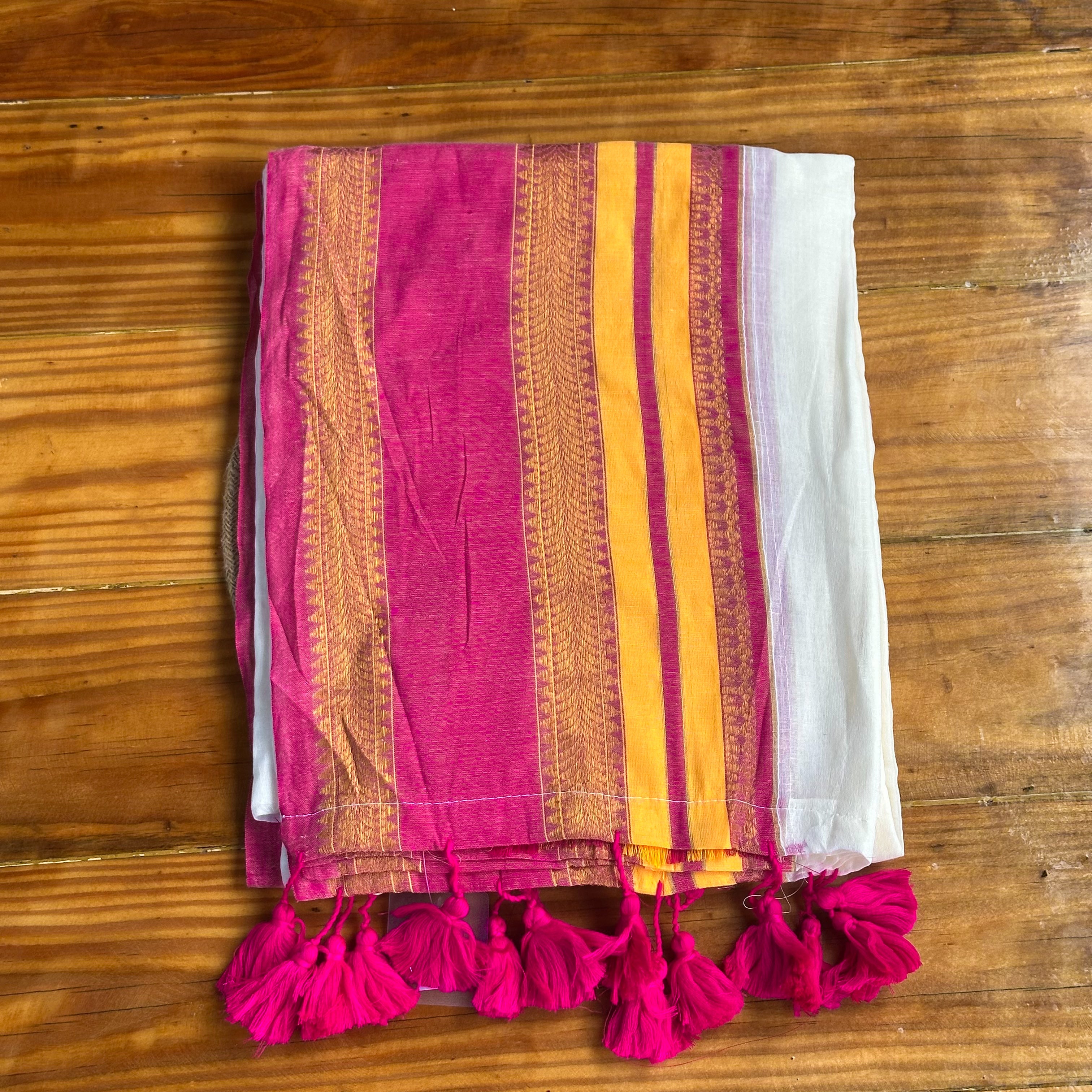 🩷White & Magenta Mul Cotton Saree with Zari Buta Stripes, Saffron Border & Tassel Pallu🤍