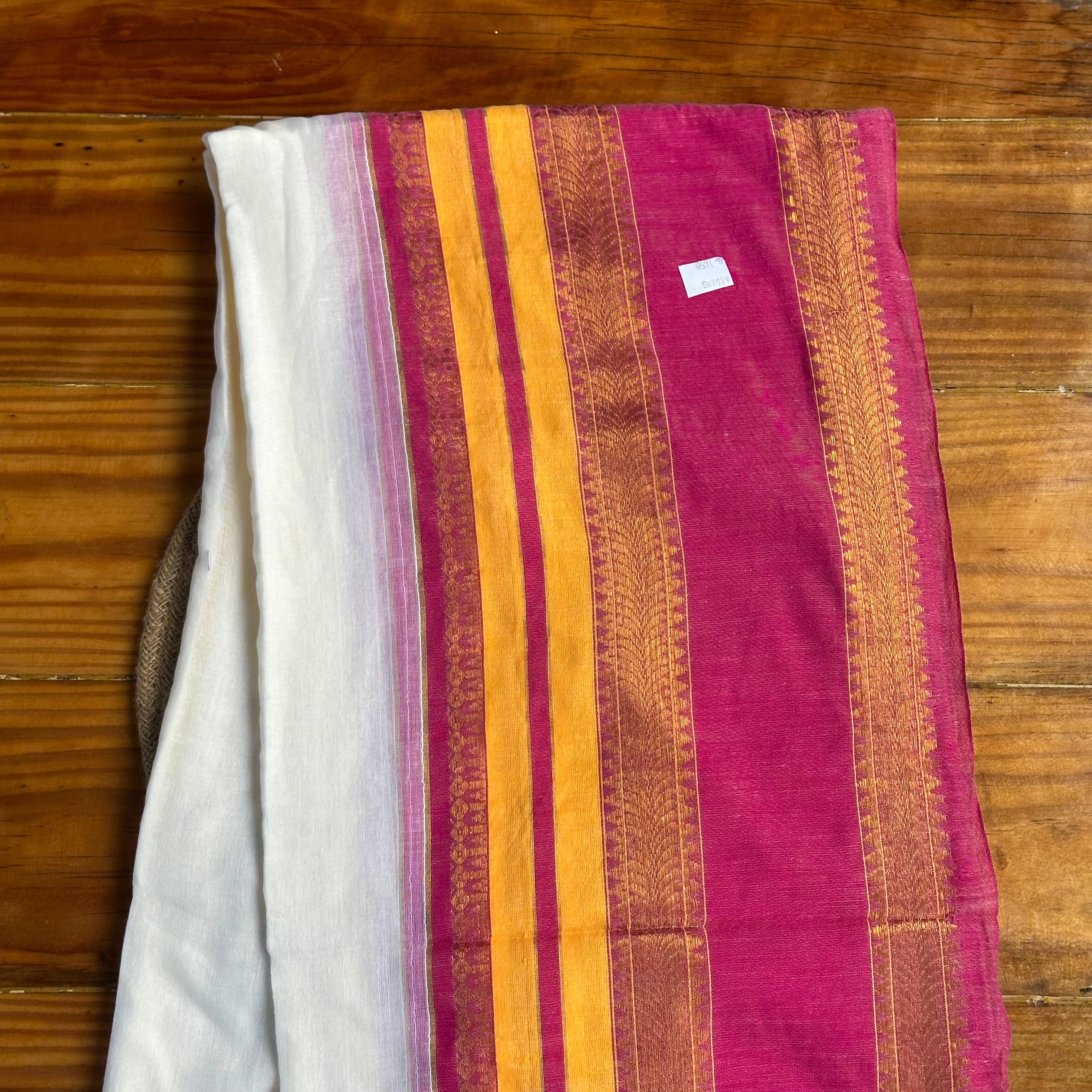 🩷White & Magenta Mul Cotton Saree with Zari Buta Stripes, Saffron Border & Tassel Pallu🤍