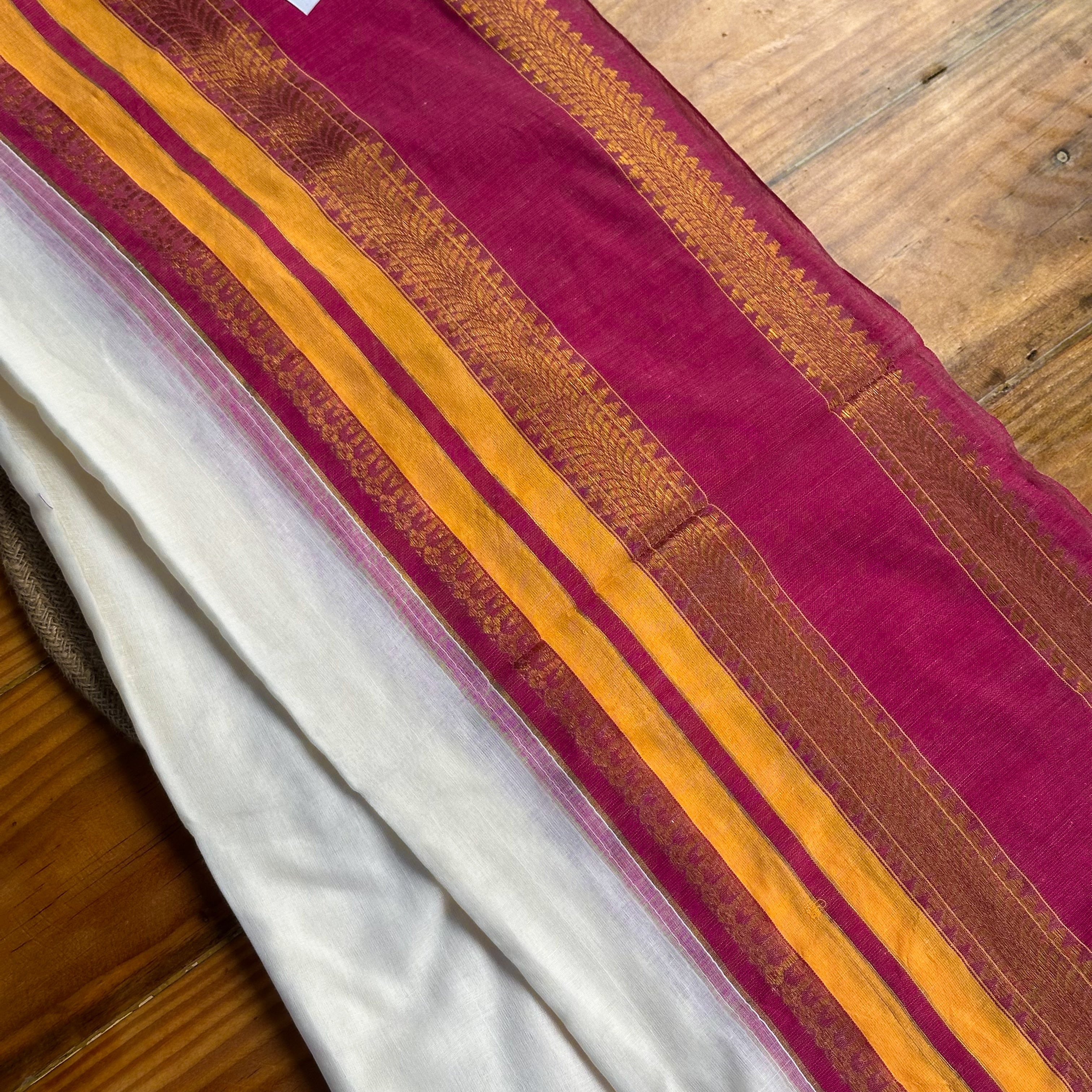 🩷White & Magenta Mul Cotton Saree with Zari Buta Stripes, Saffron Border & Tassel Pallu🤍