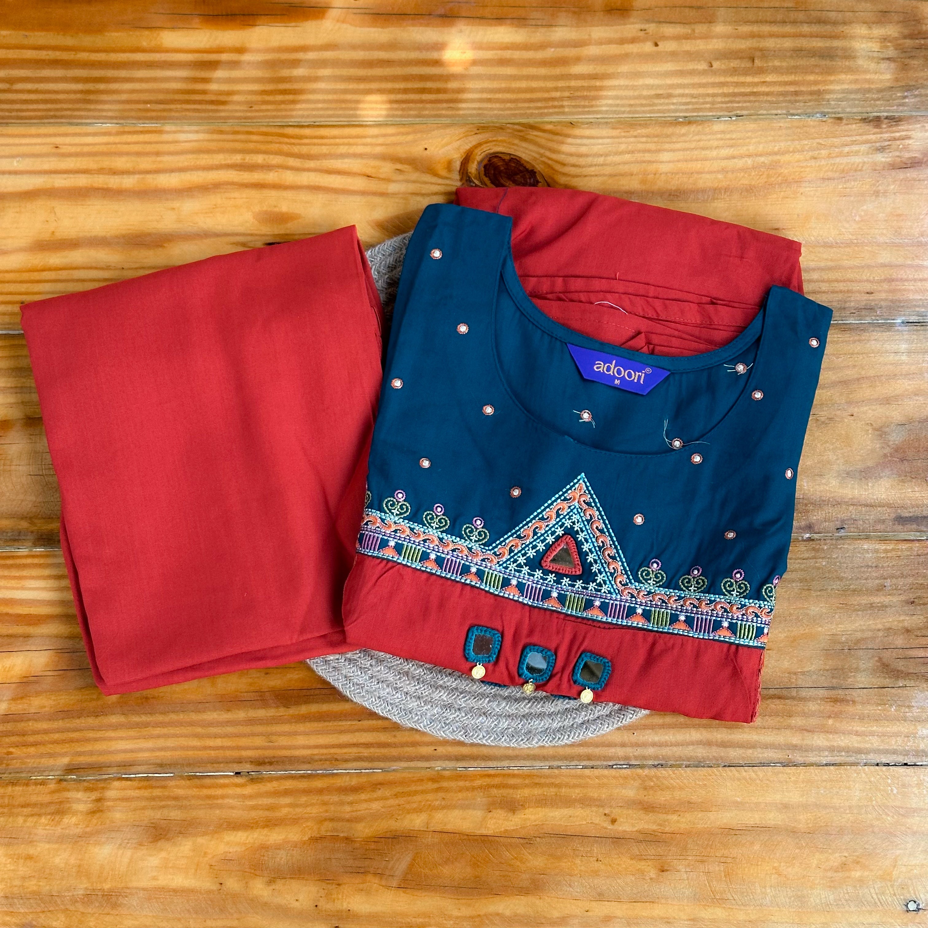 💙Teal & Red Mirror Work Churidar Set with Geometric Embroidery❤️