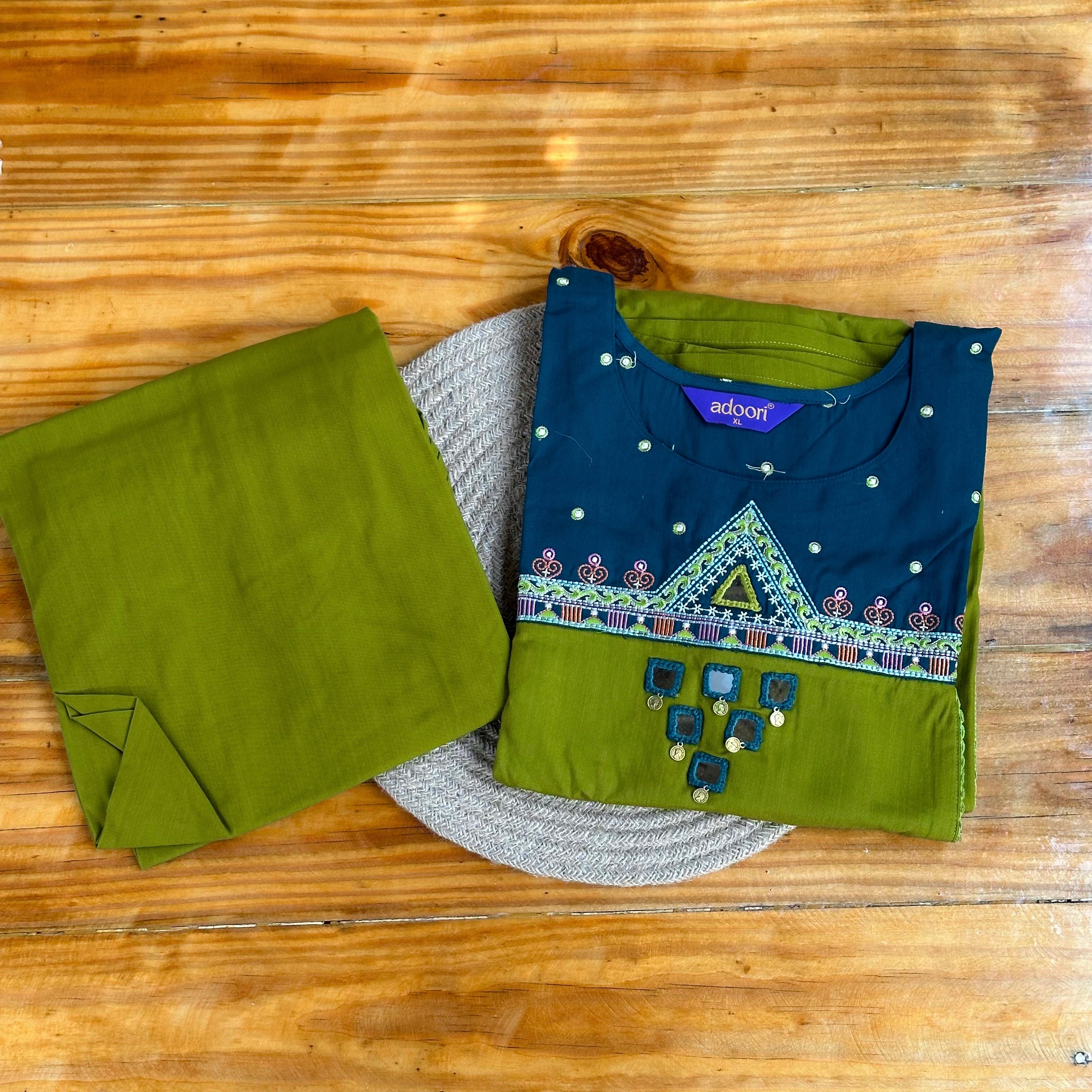 💚Teal & Olive Green Mirror Work Churidar Set with Geometric Embroidery💙