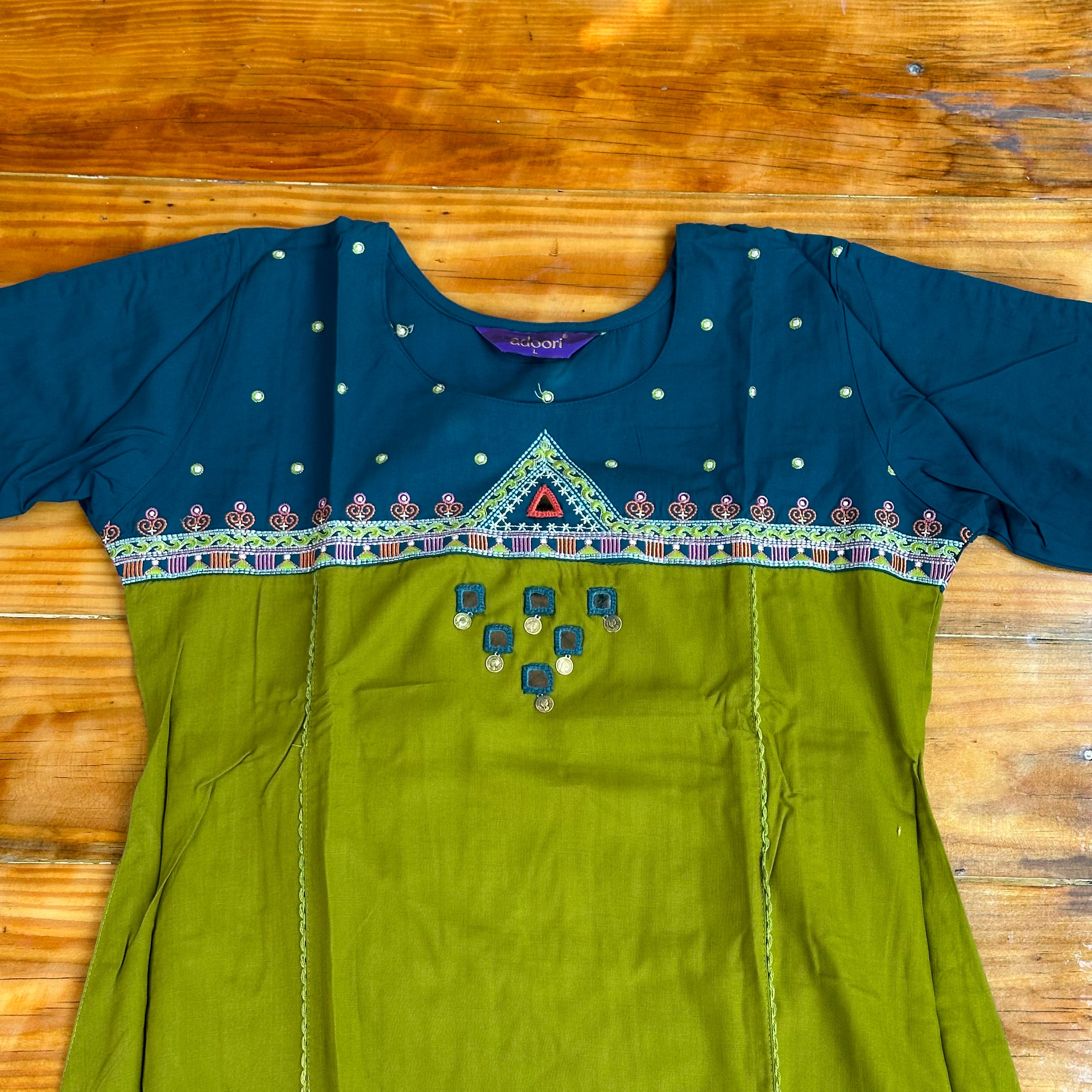 💚Teal & Olive Green Mirror Work Churidar Set with Geometric Embroidery💙