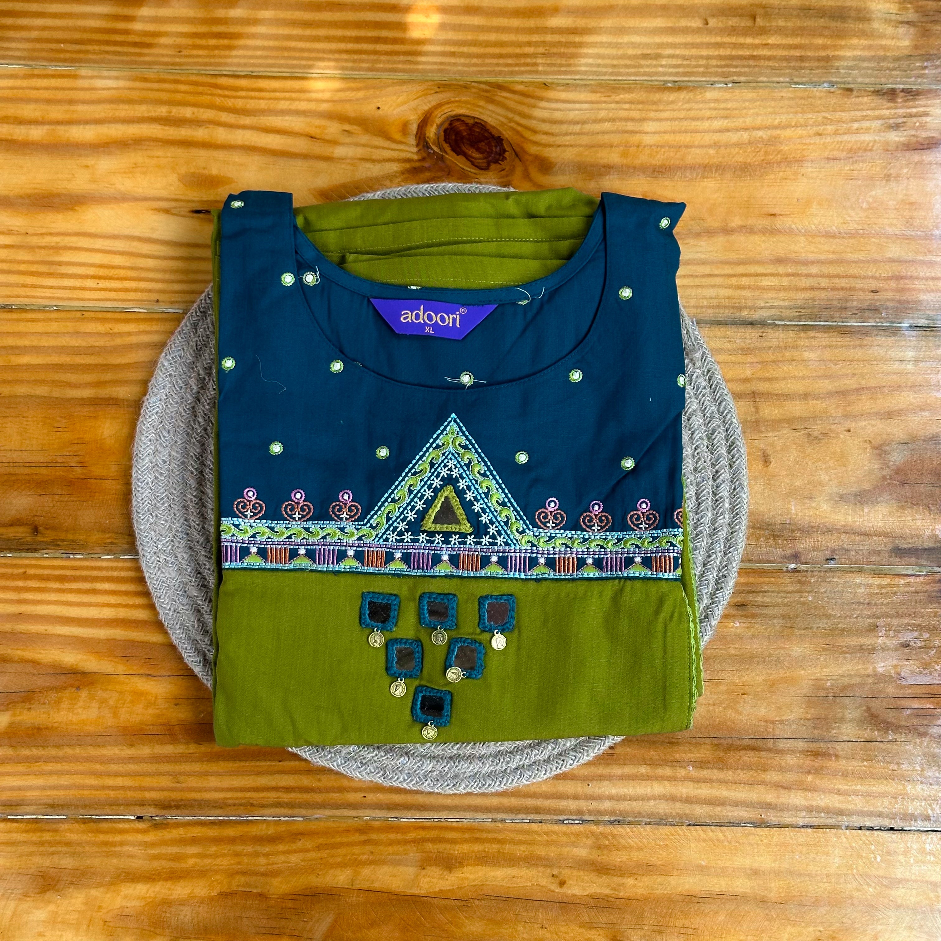 💚Teal & Olive Green Mirror Work Churidar Set with Geometric Embroidery💙