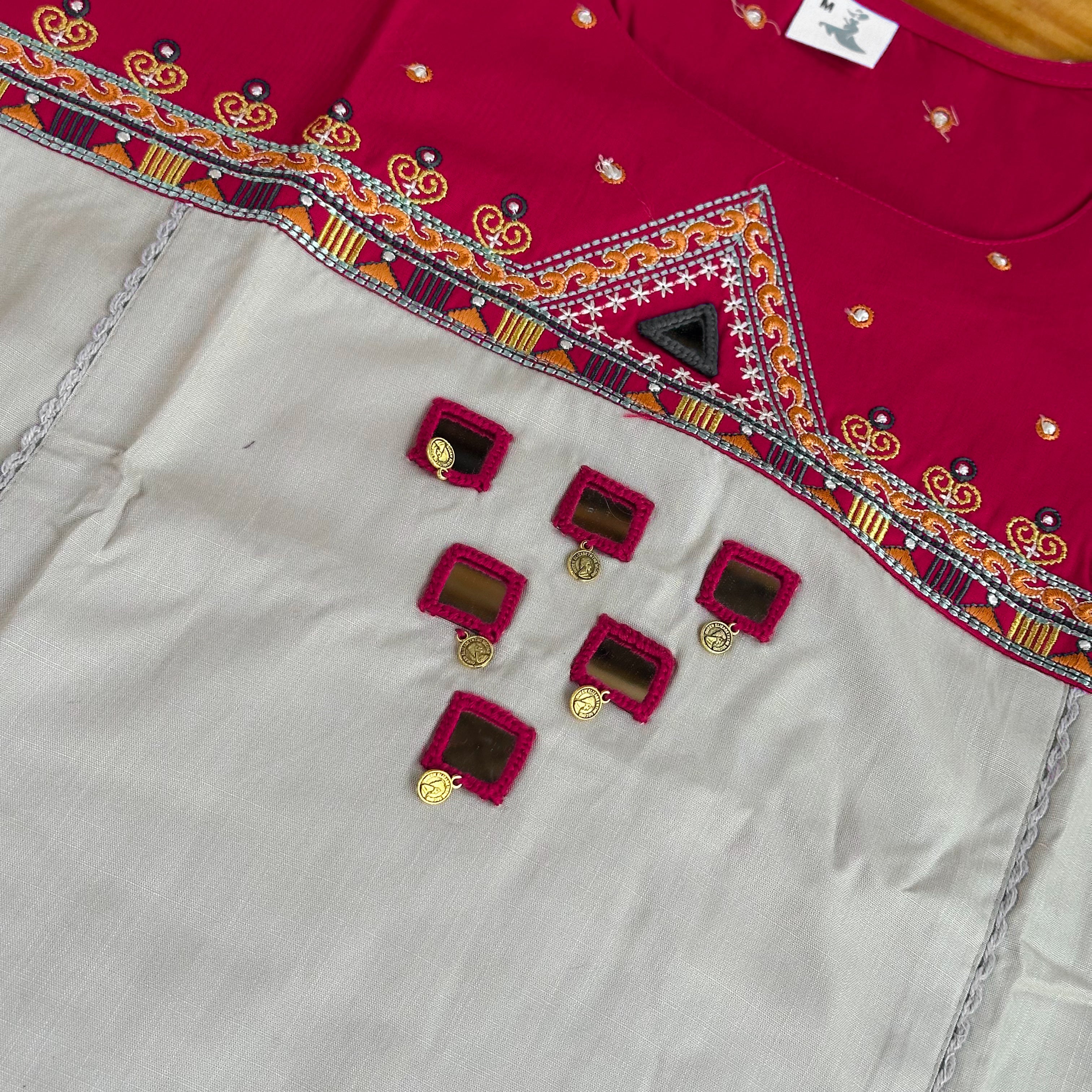🤍Crimson & Silver Grey Mirror Work Churidar Set with Geometric Embroidery🩷