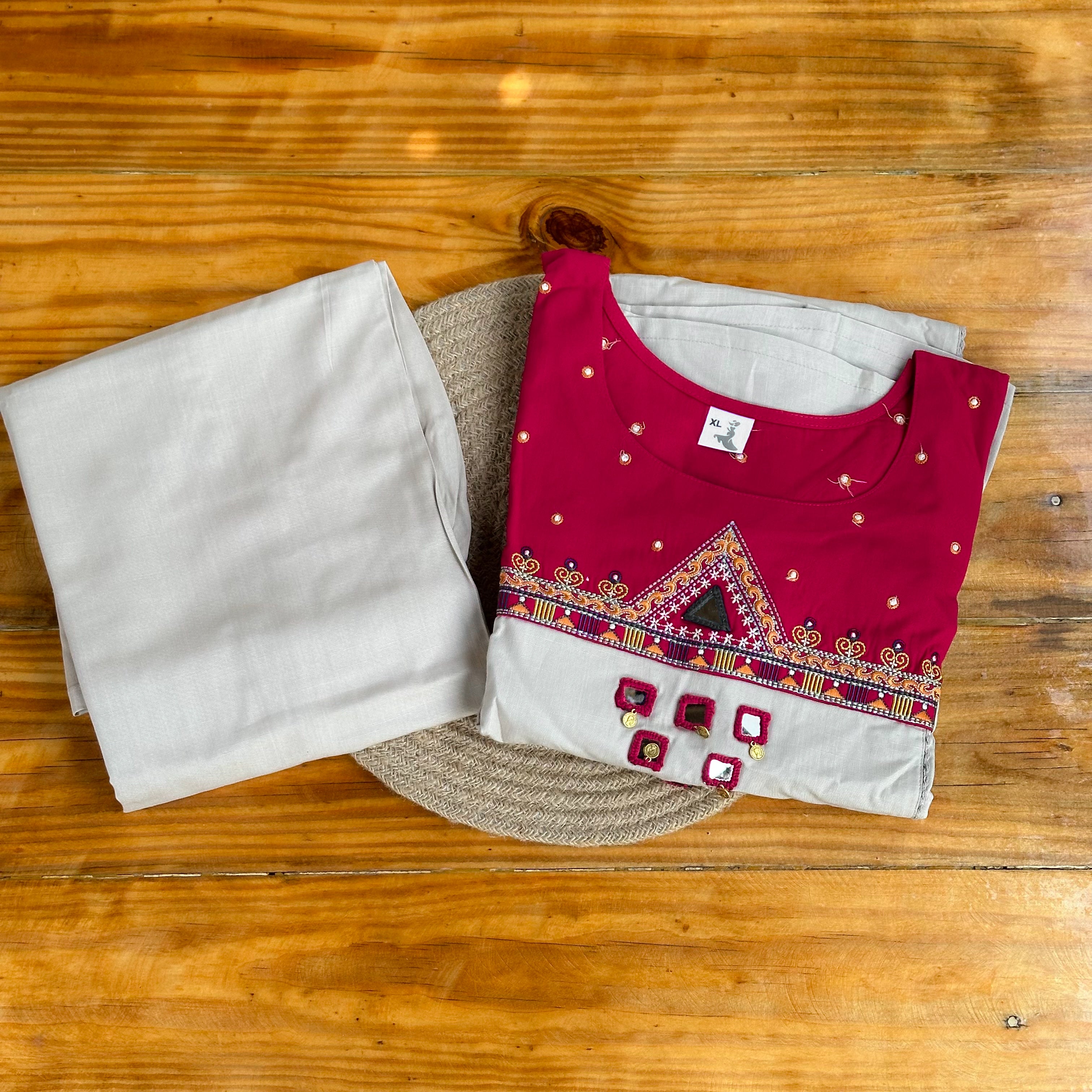 🤍Crimson & Silver Grey Mirror Work Churidar Set with Geometric Embroidery🩷