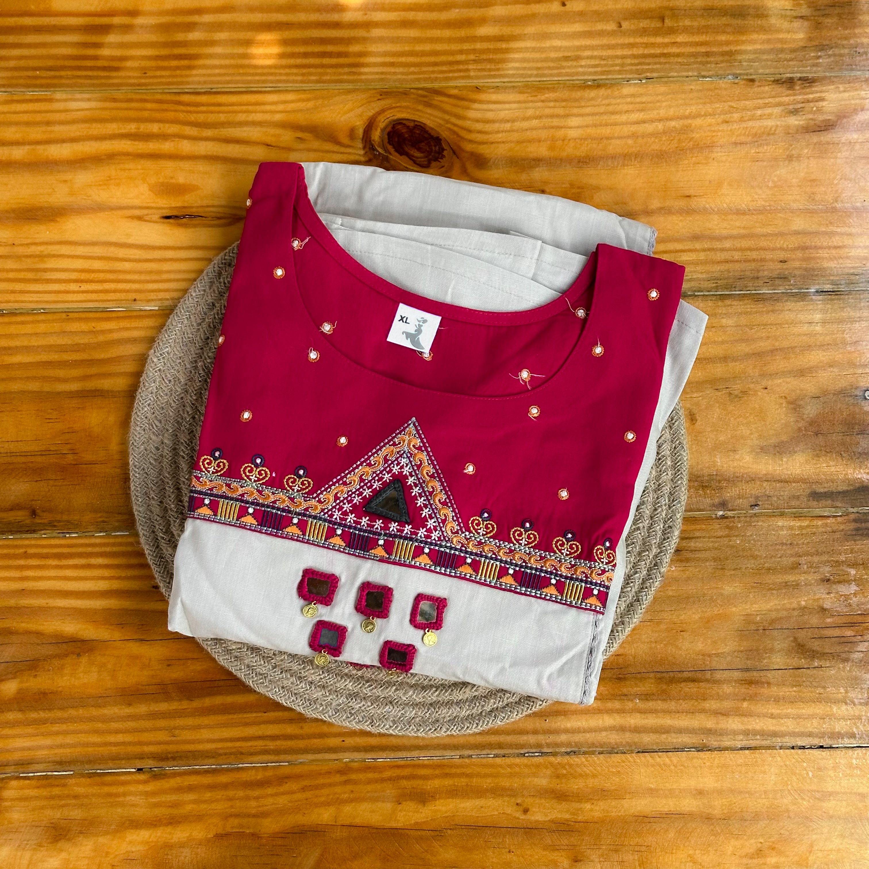 🤍Crimson & Silver Grey Mirror Work Churidar Set with Geometric Embroidery🩷