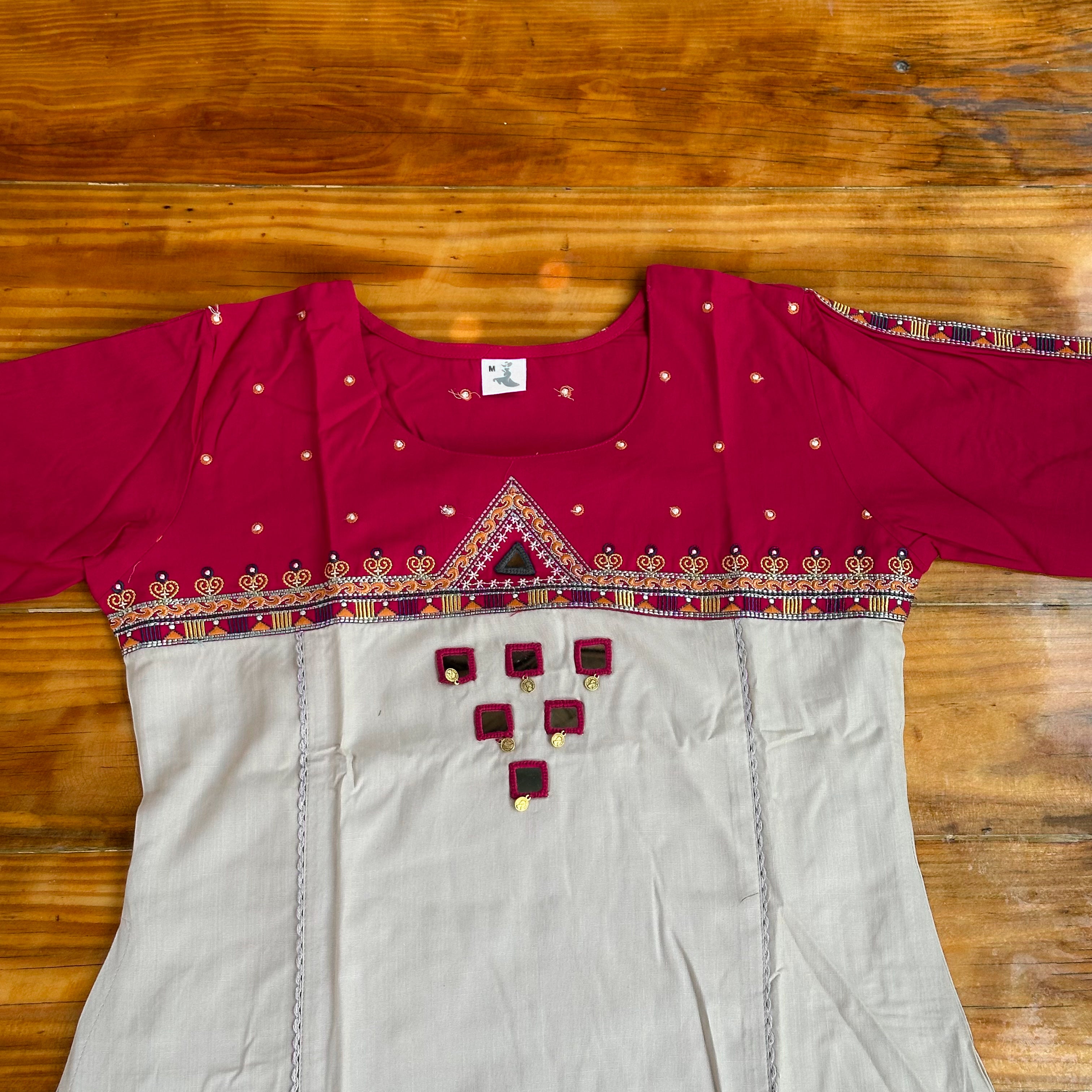 🤍Crimson & Silver Grey Mirror Work Churidar Set with Geometric Embroidery🩷